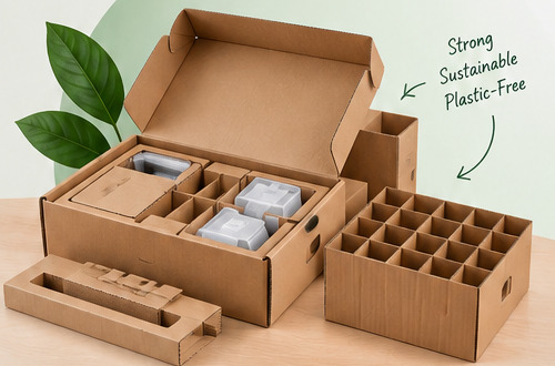 Corrugated box with custom partitions and die-cut inserts replacing plastic trays